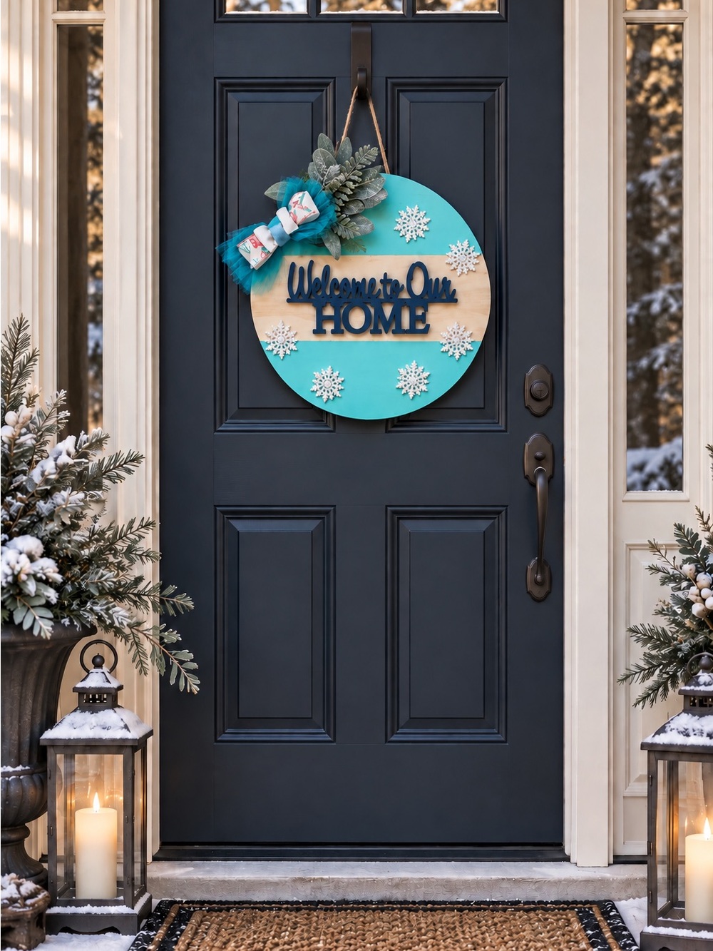 Welcome to Our Home Teal Holiday Door Hanger